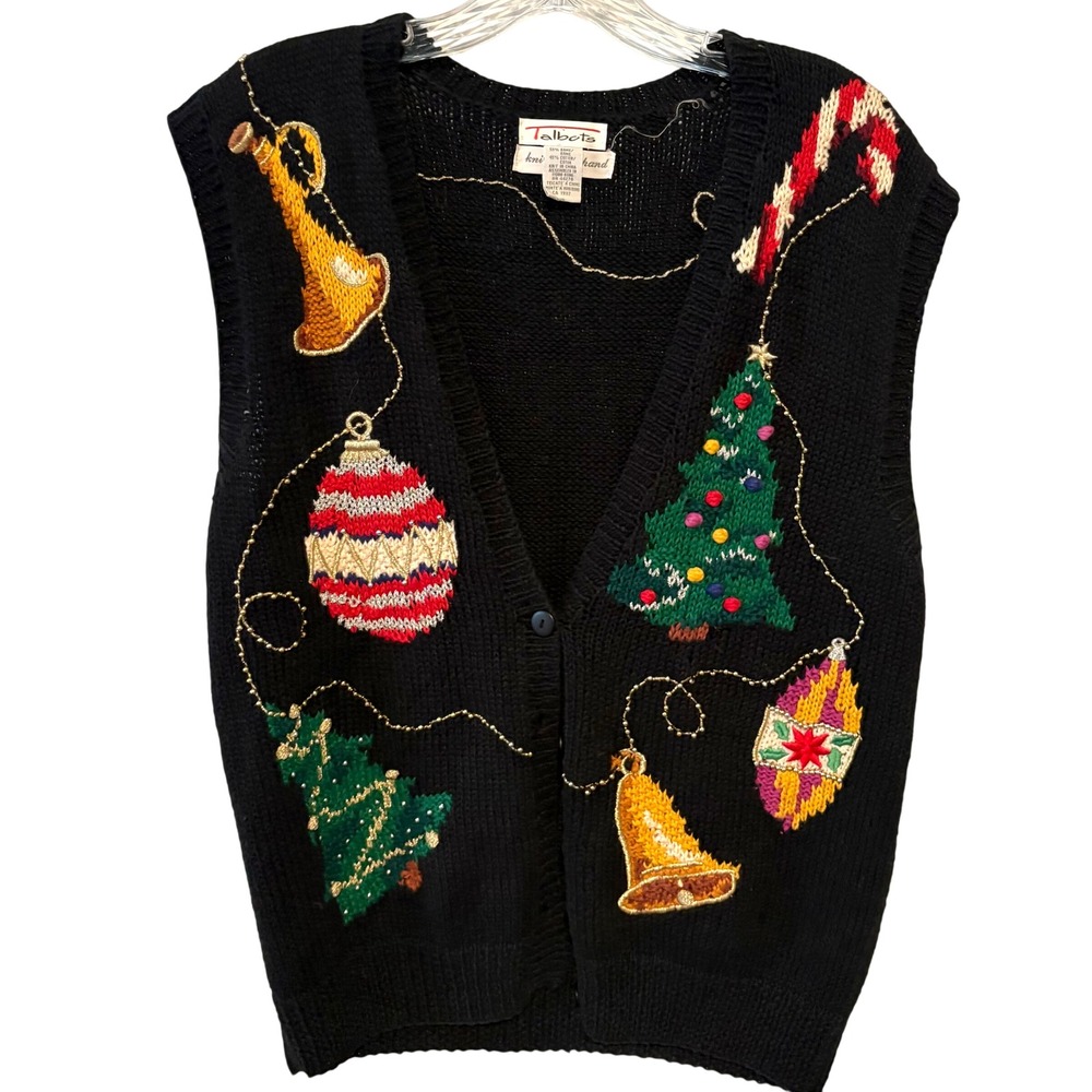 Talbots Women's Black Hand Knit Beaded Embroidered Christmas Sweater Vest Size M